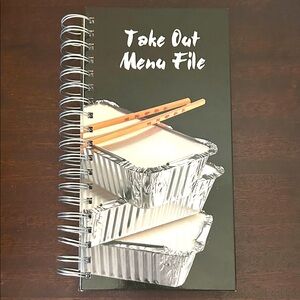Take Out Menu File Notebook Hardcover Spiral Bound NWT Stickers Sleeves